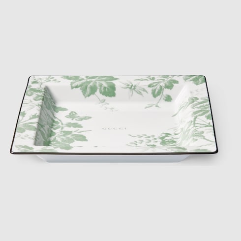 Herbarium print large trinket tray - white and green porcelain