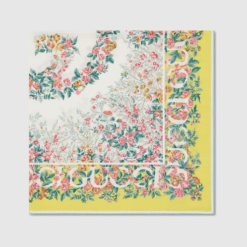 Printed silk twill carré - aquamarine and yellow