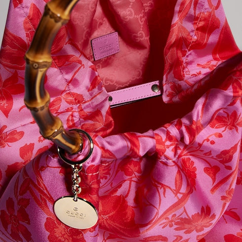 Silk maxi tote bag with bamboo handle - fuchsia and multicolor silk