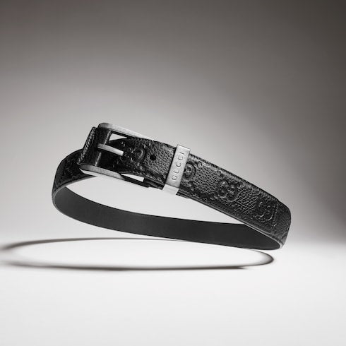 Embossed GG belt with squared buckle - black