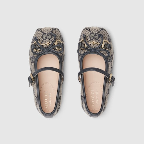 Toddler ballet flat with Horsebit - beige and blue GG canvas