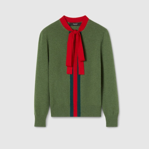 Knit cashmere sweater with ribbon - green