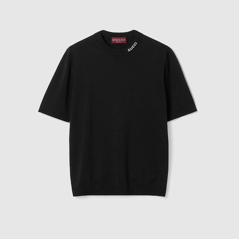 Silk cotton T-shirt with Gucci intarsia - black