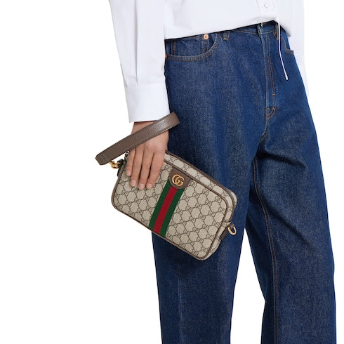Ophidia small crossbody bag - beige and dark brown fabric