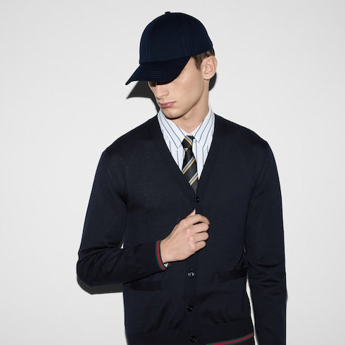 Wool knit cardigan with Web - dark blue