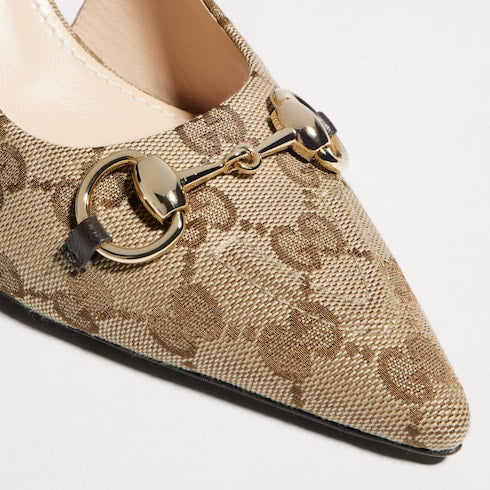 Women's slingback pump with Horsebit - beige and ebony Original GG canvas