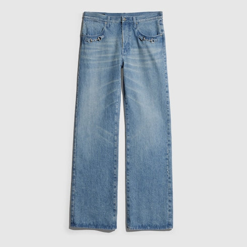 Flared denim pants with Horsebit - light blue