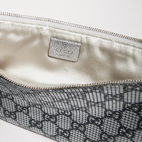 Metallic evening bag with charm - silver and black GG mesh