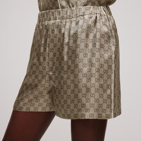 Printed silk twill shorts - beige and dark brown