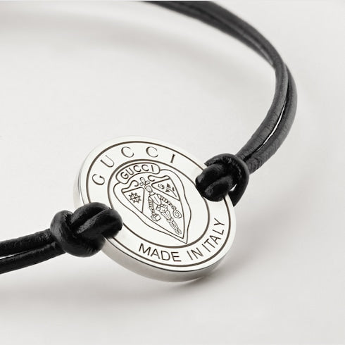 Gucci crest leather cord bracelet with charm - 925 sterling silver