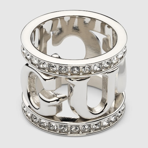 Gucci logo carré ring with crystals - silver-toned