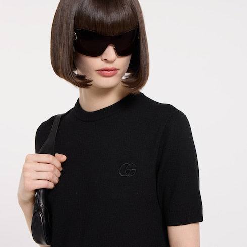 Knit wool top with embroidery - black