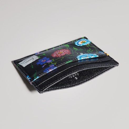 Flora-motif card case - black and multicolor canvas
