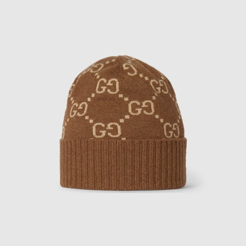 GG cashmere jacquard hat - dark brown and beige