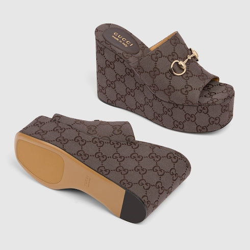 Women's wedge sandal with Horsebit - dark brown GG canvas