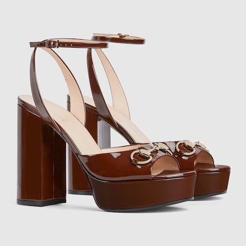 Women's Horsebit platform sandal - dark brown patent leather
