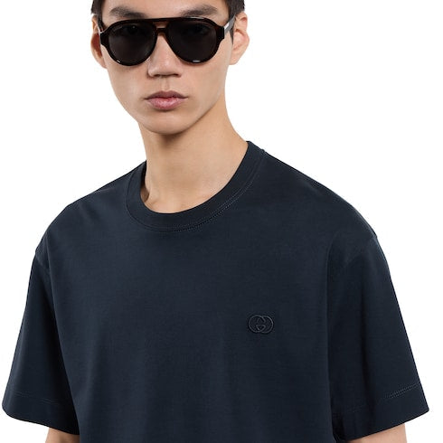 Cotton jersey T-shirt with embroidery - dark blue