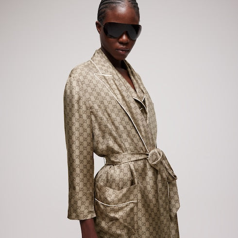 Printed silk twill shirt - beige and dark brown