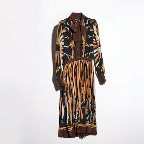 Printed silk chemisier dress - black and brown
