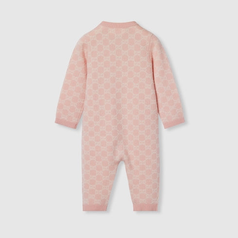 Baby GG wool jacquard one-piece - light pink and white