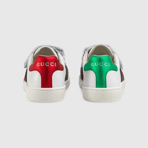 Children's Ace Sneaker White Leather Velcro With Green & Red Web