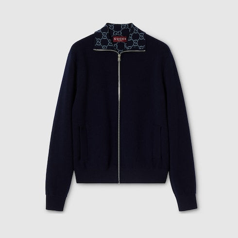 Knit double wool zip jacket - blue