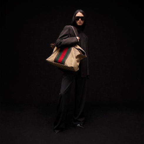 Medium GG duffle bag with Web - sand and brown GG canvas