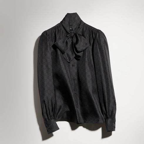 Printed silk twill shirt with bow - black