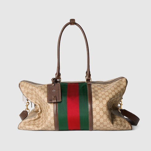 Medium GG duffle bag with Web - sand and brown GG canvas