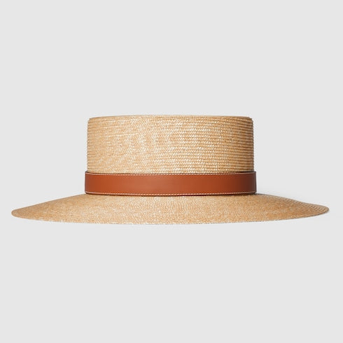 Straw hat with leather detail - natural