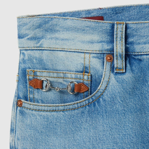 Flared bleached cotton denim pants - light blue