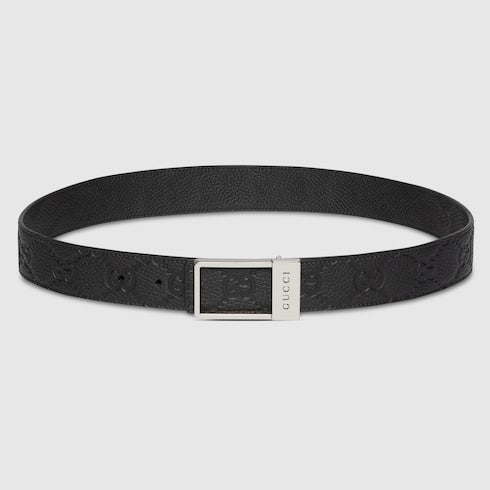 Reversible belt with rectangular buckle - black GG leather and leather