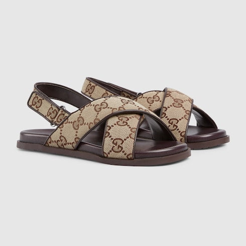 Children's GG sandal - beige and dark brown canvas