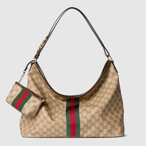 Large shoulder bag with Web - sand and brown GG canvas