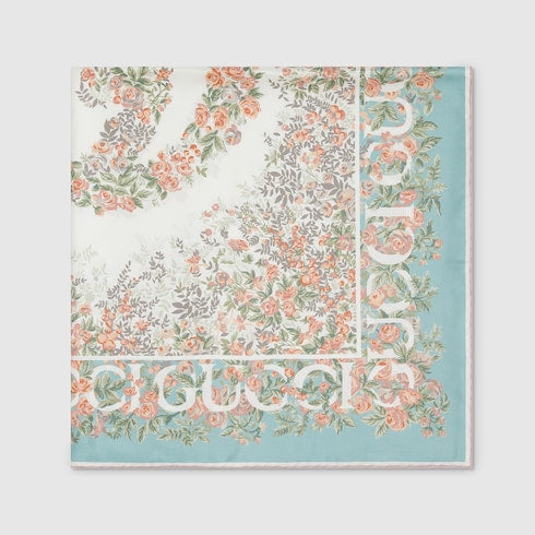 Printed silk twill carré - acquamarine and pink