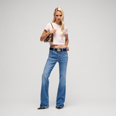 Flared stretch cotton denim pants - blue