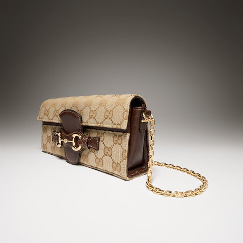 Wallet on chain with Horsebit - sand and brown GG canvas