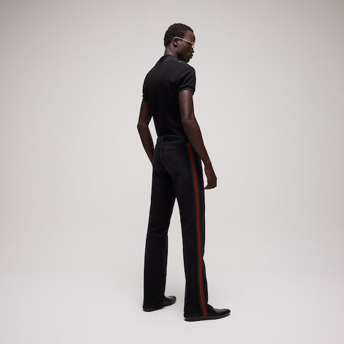 Cotton denim pants with Web - black