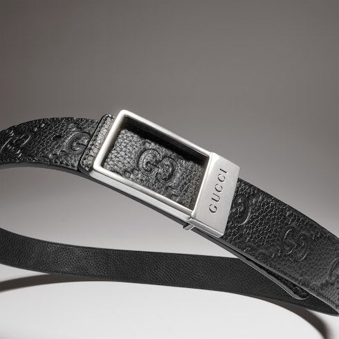 Reversible belt with rectangular buckle - black GG leather and leather