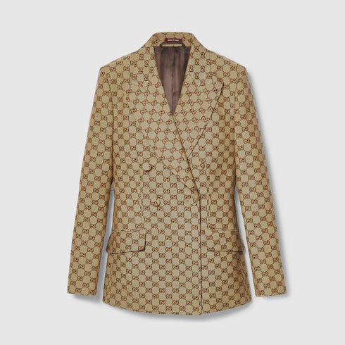 Double-breasted GG canvas jacket - camel and ebony
