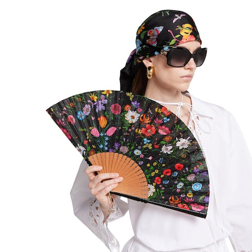 Large Flora print fan - black and multicolor