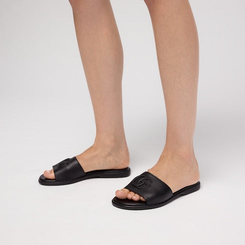 Women's slide sandal with Double G - black leather