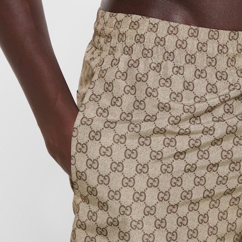 Printed polyester poplin swim shorts - beige and dark brown