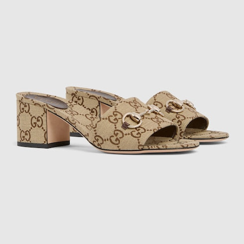 Women's slide sandal with Horsebit - camel and brown GG canvas