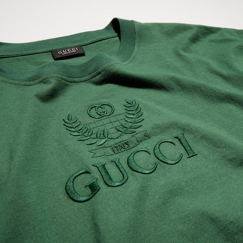 Cotton jersey T-shirt with embroidery - dark green