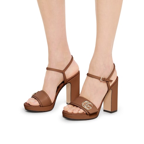 Women's platform sandal with Double G - brown leather