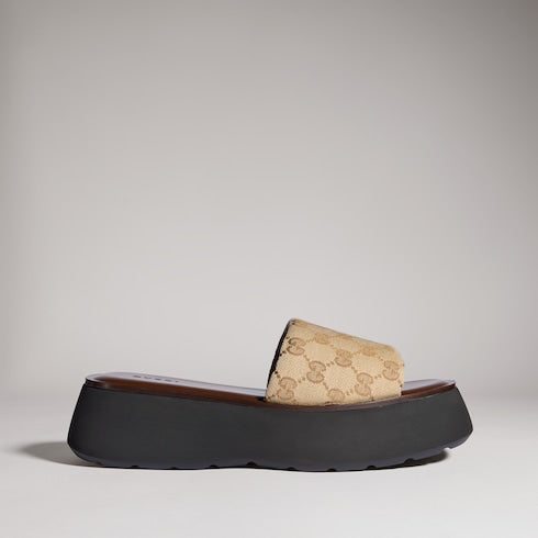 Women's flatform slide sandal - sand and brown GG canvas