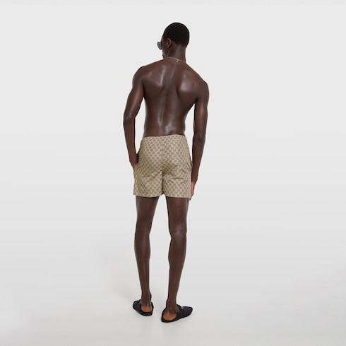 Printed polyester poplin swim shorts - beige and dark brown