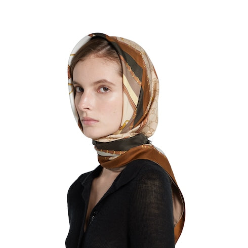Printed silk twill carré - dark brown and beige
