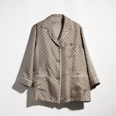 Printed silk twill shirt - beige and dark brown